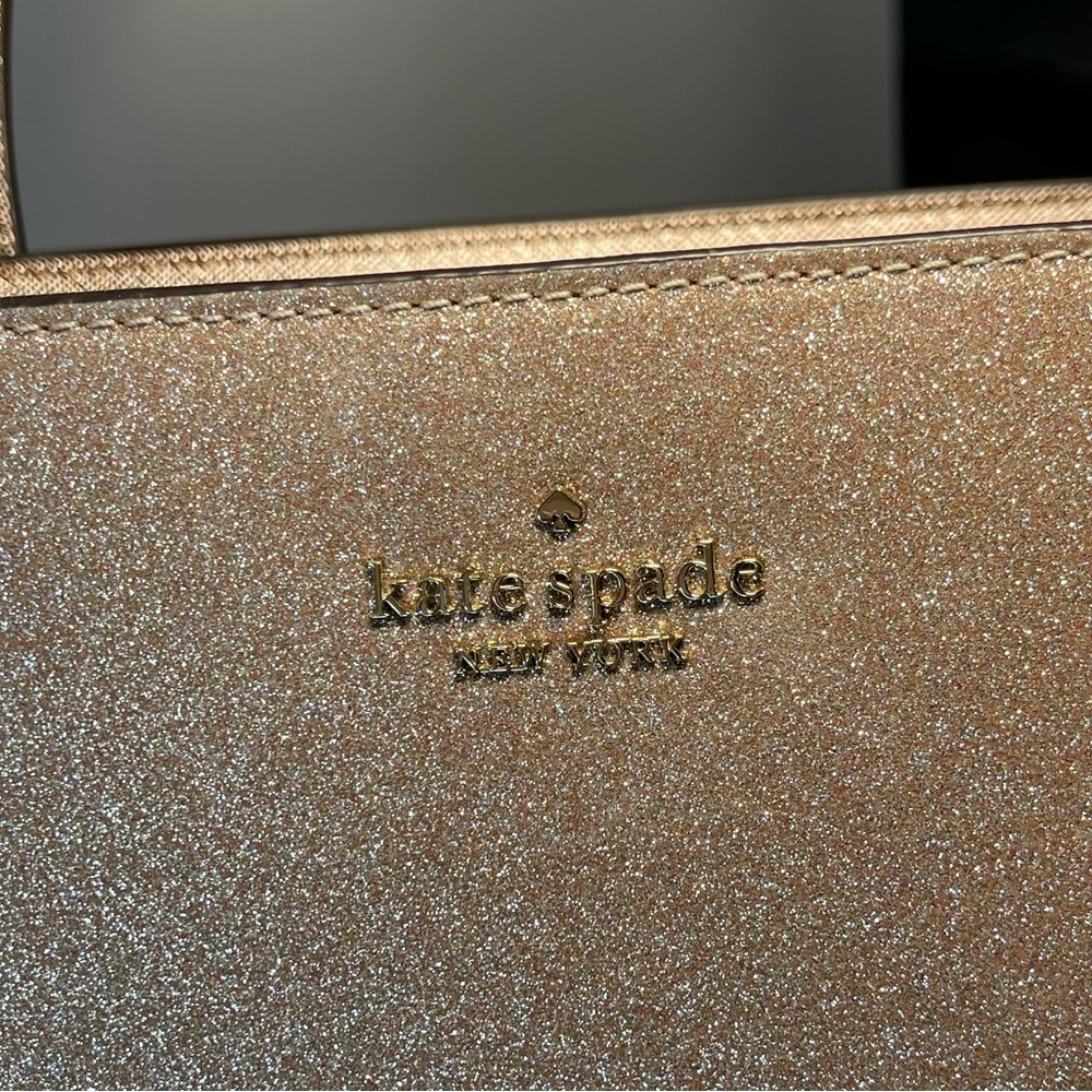 Kate Spade NY Saffiano PVC Trim Tinsel Glitter Rose Gold Tote Gently Preloved - Picture 4 of 17